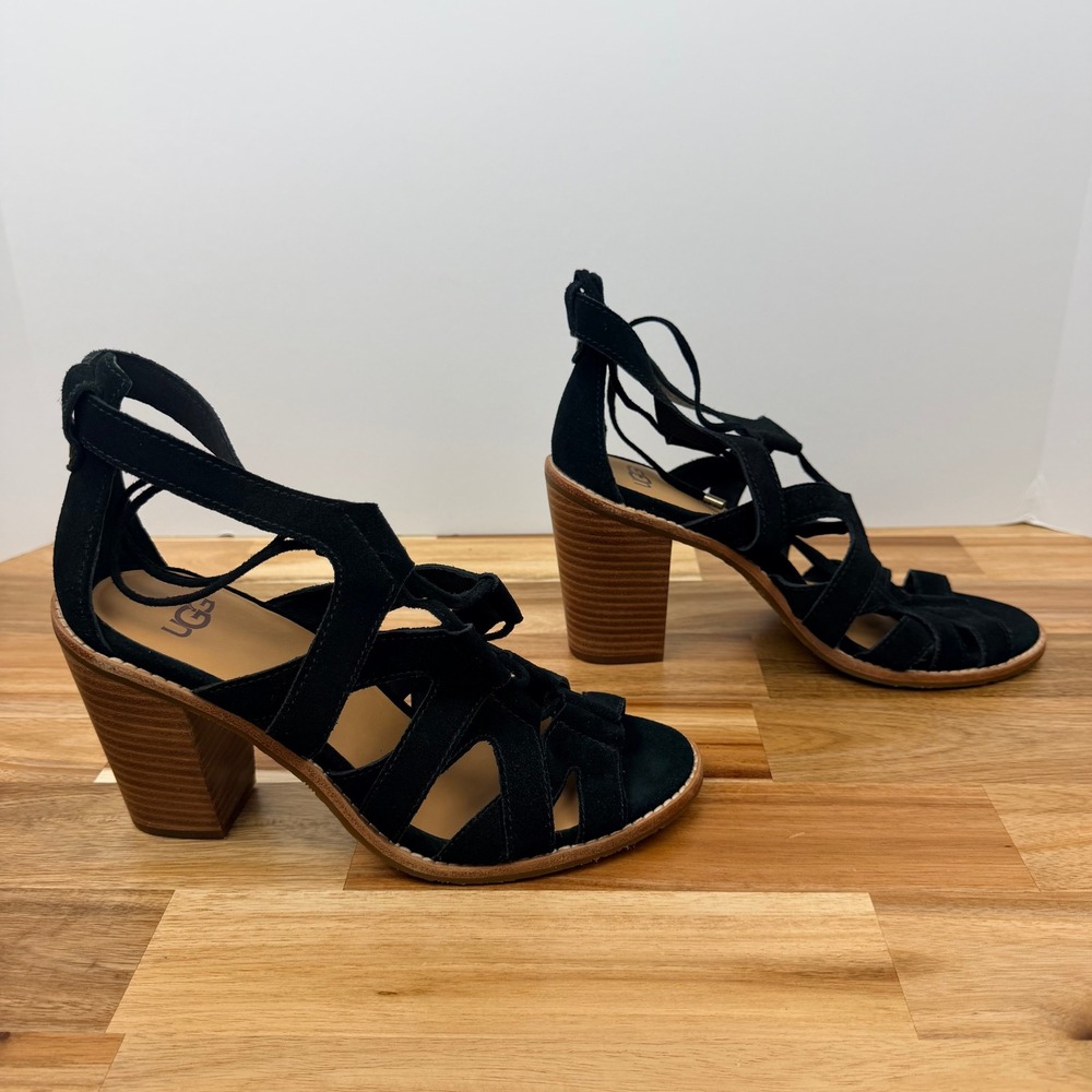 UGG HARRIS Black Suede Lace Up Gladiator Block Heel Sandals Women Size 9 - Picture 7 of 9